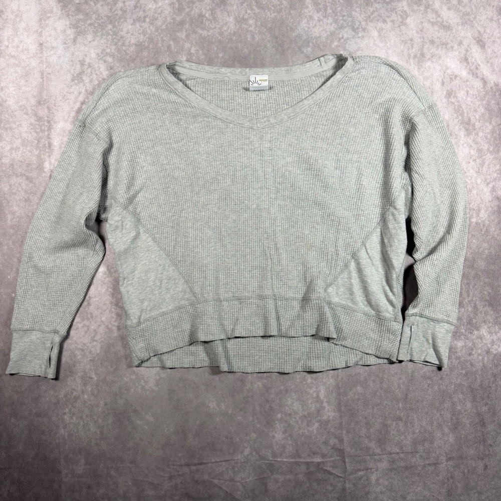 Aerie Grey Waffle Knit V-Neck Sweatshirt Oversized Thumbhole Cuffs Small Lounge